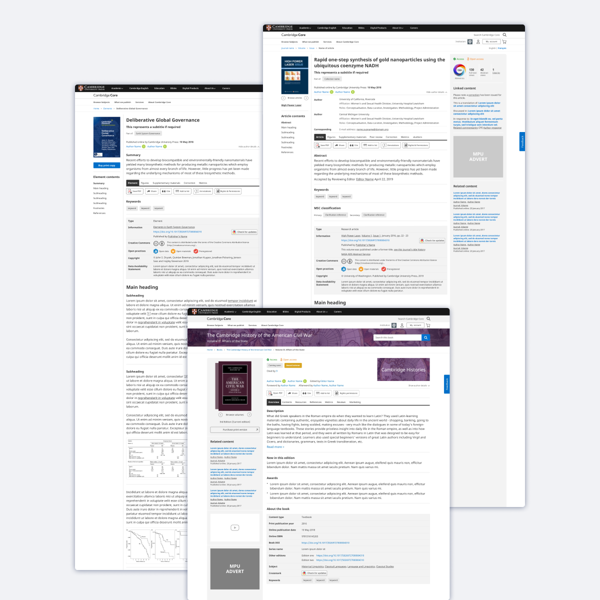 UI design mockups for an article, book and Cambridge Element templates on Core
