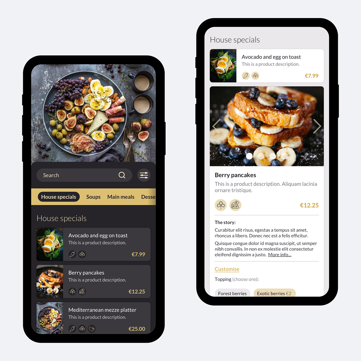 Light and dark theme UI for QR cafe shown on a mobile device
