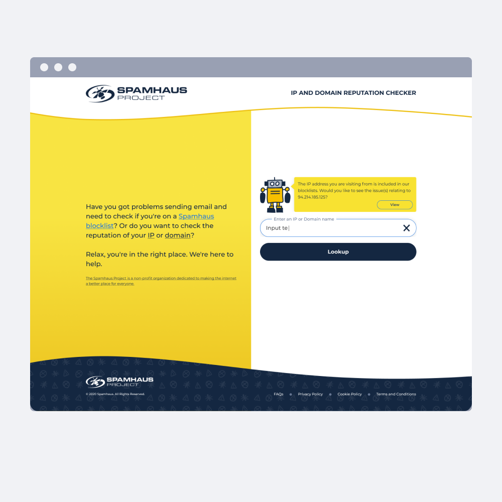 UI design for a landing page for Spamhaus IP and Domain Reputation Checker